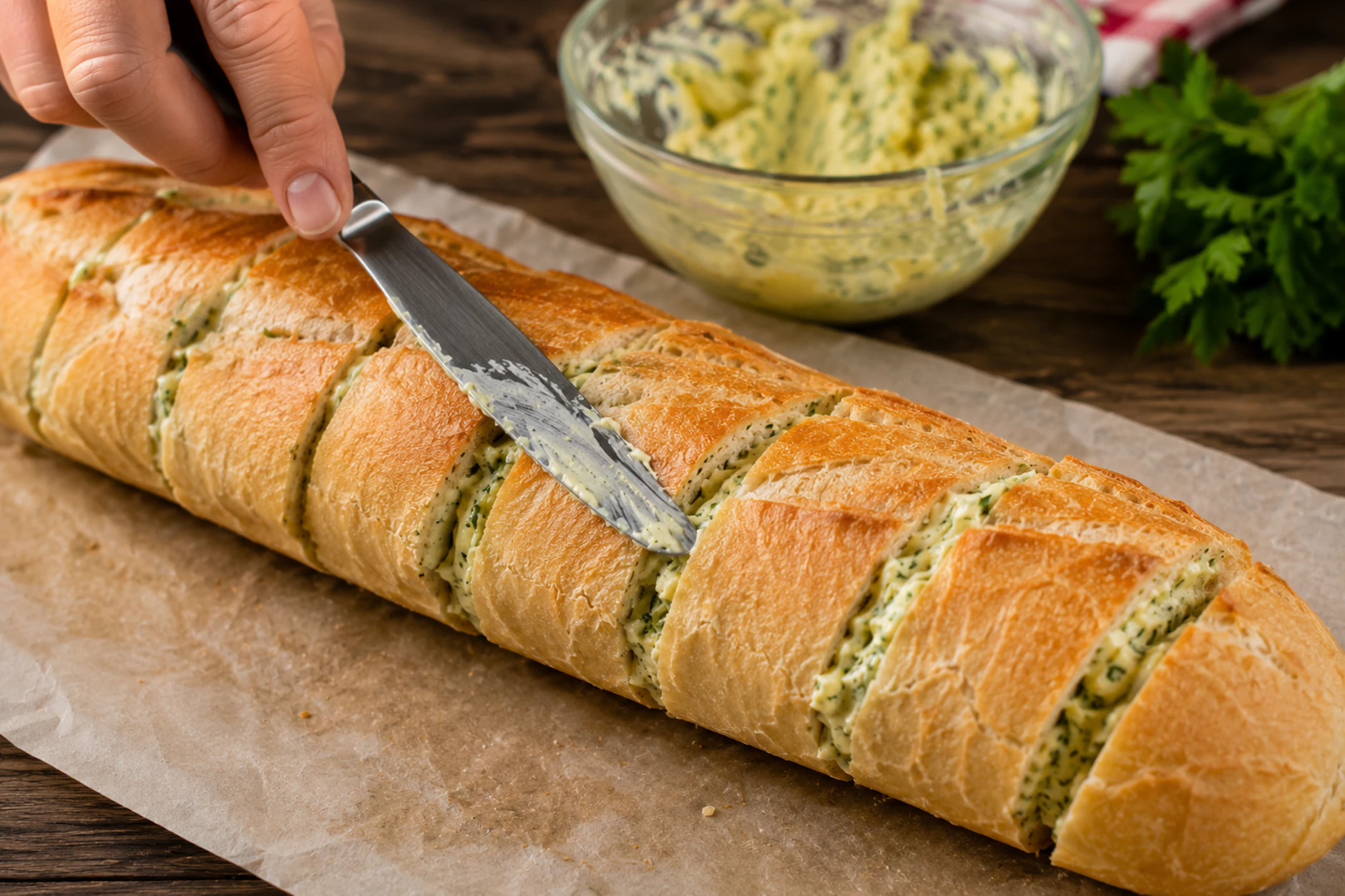 Beim Kräuterbaguette wird die schnell zubereitete Kräuterbutter einfach in die Zwischenräume des Baguettes gestrichen.