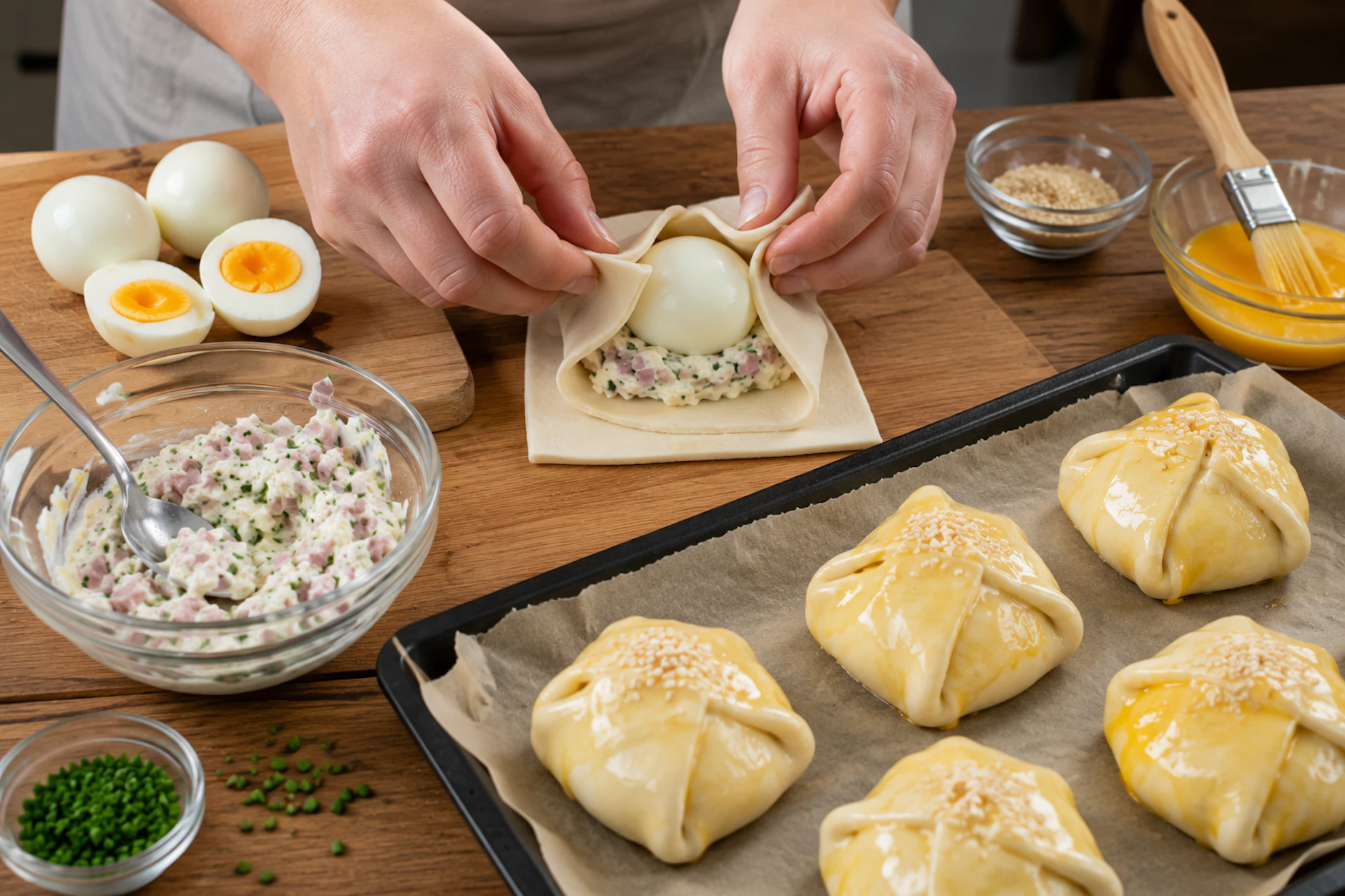 Die Eier und die Frischkäsecreme werden in den Teig eingewickelt. Dann drehen Sie die Bällchen entweder so, dass die Naht unten ist, oder Sie schlagen die Teigkanten über den Eiern zusammen. So erhalten Sie die perfekten Eier im Blätterteig.
