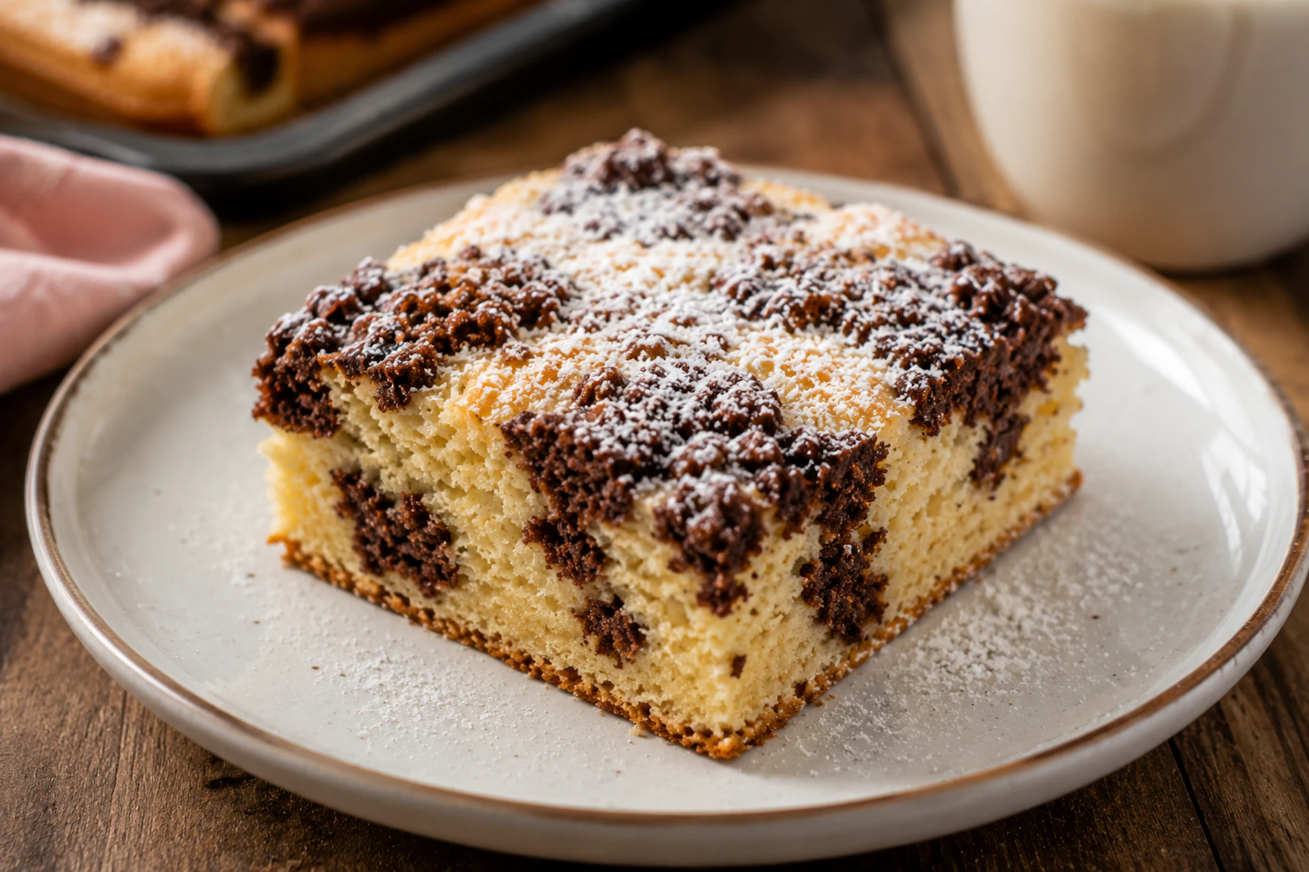 Leckerer Wolkenkuchen: In Stücke geschnitten lässt sich der Blechkuchen auch ein paar Tage lagern, wenn er nicht schon innerhalb weniger Stunden verputzt wurde.