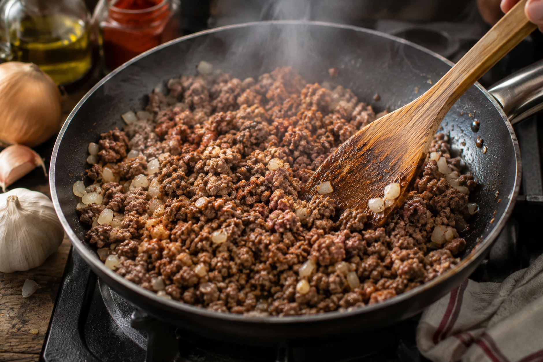 Das Hackfleisch wird in einer Pfanne richtig kräftig angebraten und gut gewürzt, dann kommt es als Topping auf den leckeren Sommersalat.