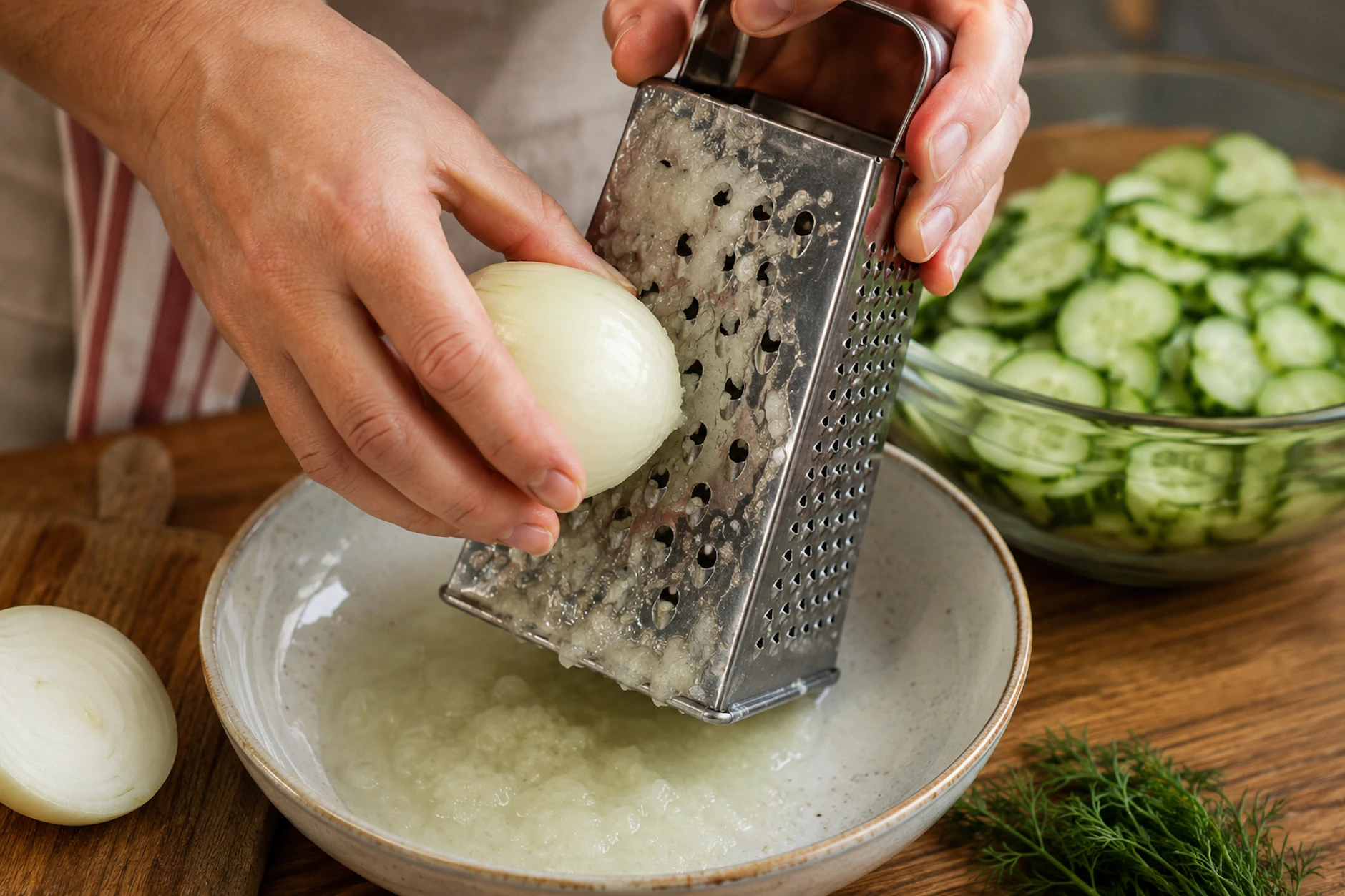 Kurt Drummer hat den besten Trick für Gurkensalat in seinem Rezept verewigt: Er schnitt oder hackte die Zwiebeln nicht, sondern rieb sie mit einer Küchenreibe.