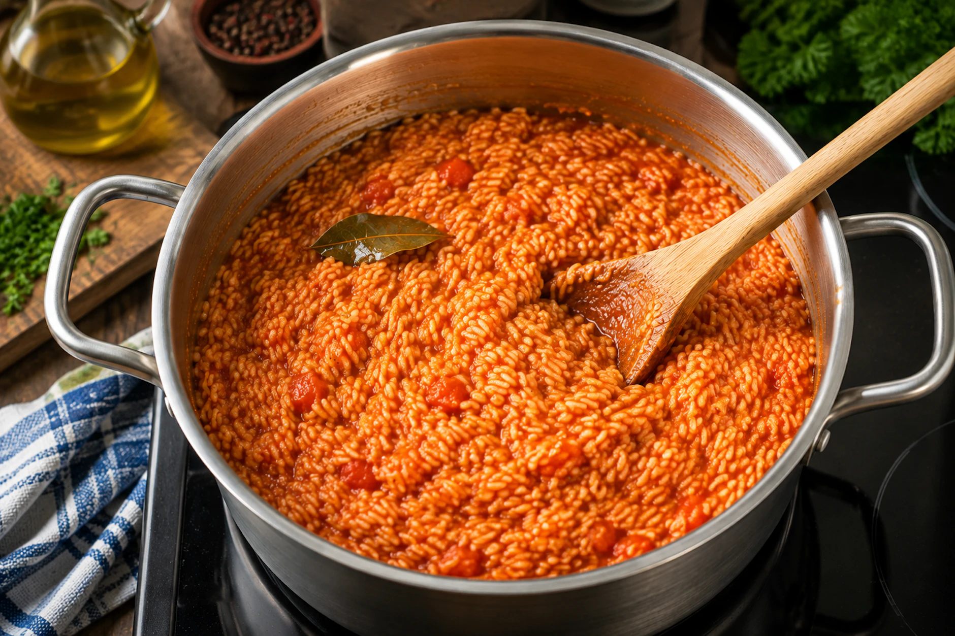 Wenn der Tomatenreis im Topf köchelt, nimmt er das Aroma der Tomatensoße auf. Das macht ihn zu einer herrlichen sommerlichen Beilage.