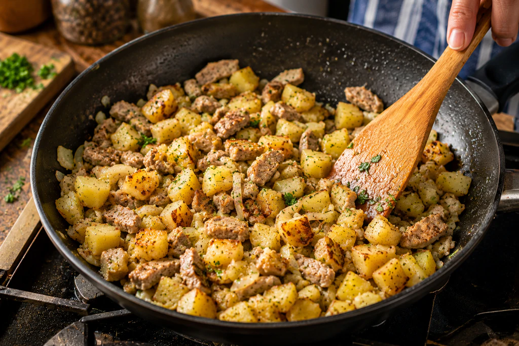Hoppel Poppel wird in der Pfanne gebraten. Das klassische Resteessen ist superschnell fertig.