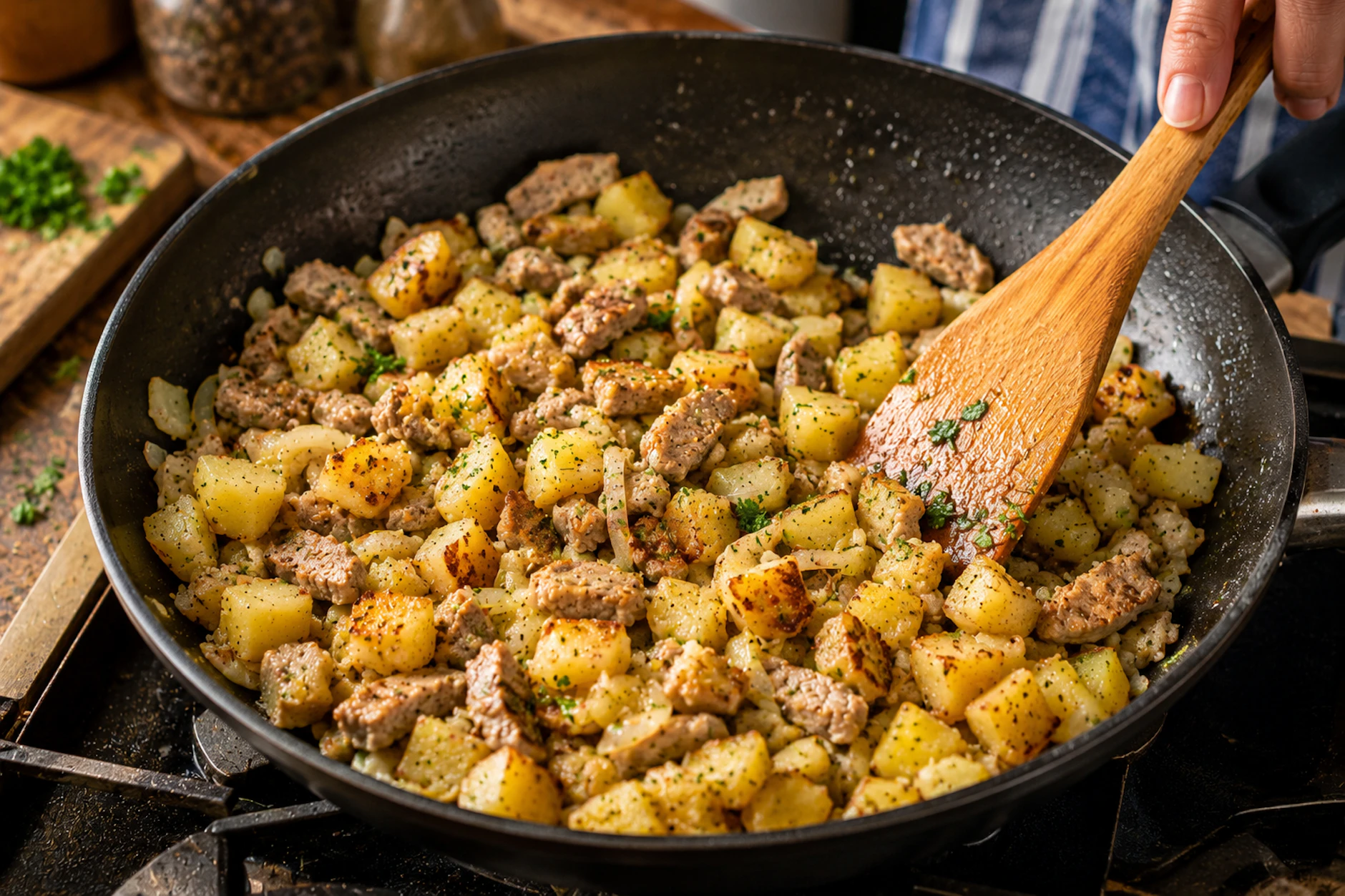 Hoppel Poppel wird in der Pfanne gebraten. Das klassische Resteessen ist superschnell fertig.