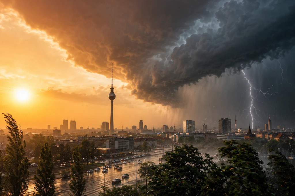 Genau so soll es heute laufen: Nach der extremen Hitze rollt am Nachmittag die Gewitterfront über Berlin – mit Orkanböen bis 120 km/h.