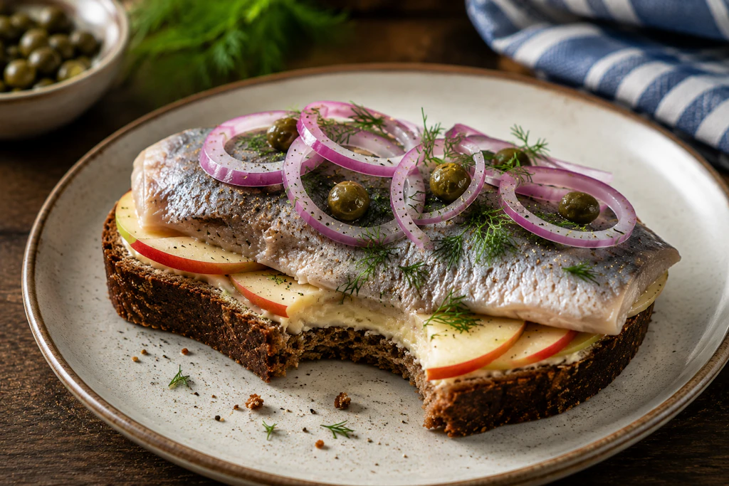 Da kann keiner widerstehen: Die Fischerschnitte mit Apfel, Hering und Zwiebeln ist einfach der perfekte Genuss für alle, die das Meer lieben.