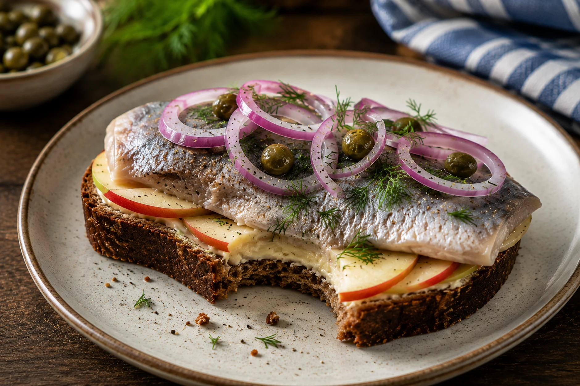 Da kann keiner widerstehen: Die Fischerschnitte mit Apfel, Hering und Zwiebeln ist einfach der perfekte Genuss für alle, die das Meer lieben.