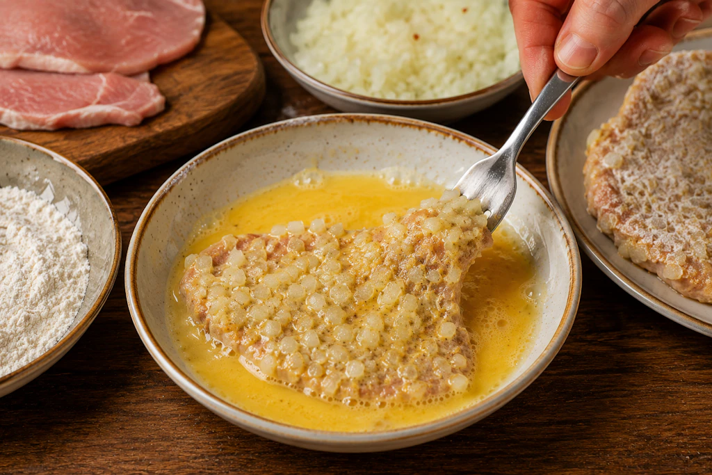 Die Schweineschnitzel werden in Zwiebelwürfeln und Ei gewendet, bevor sie in einer Pfanne knusprig gebraten werden. Dazu passen Pommes oder Kroketten.
