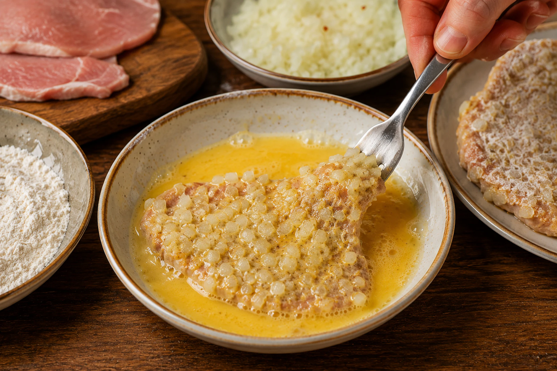 Die Schweineschnitzel werden in Zwiebelwürfeln und Ei gewendet, bevor sie in einer Pfanne knusprig gebraten werden. Dazu passen Pommes oder Kroketten.