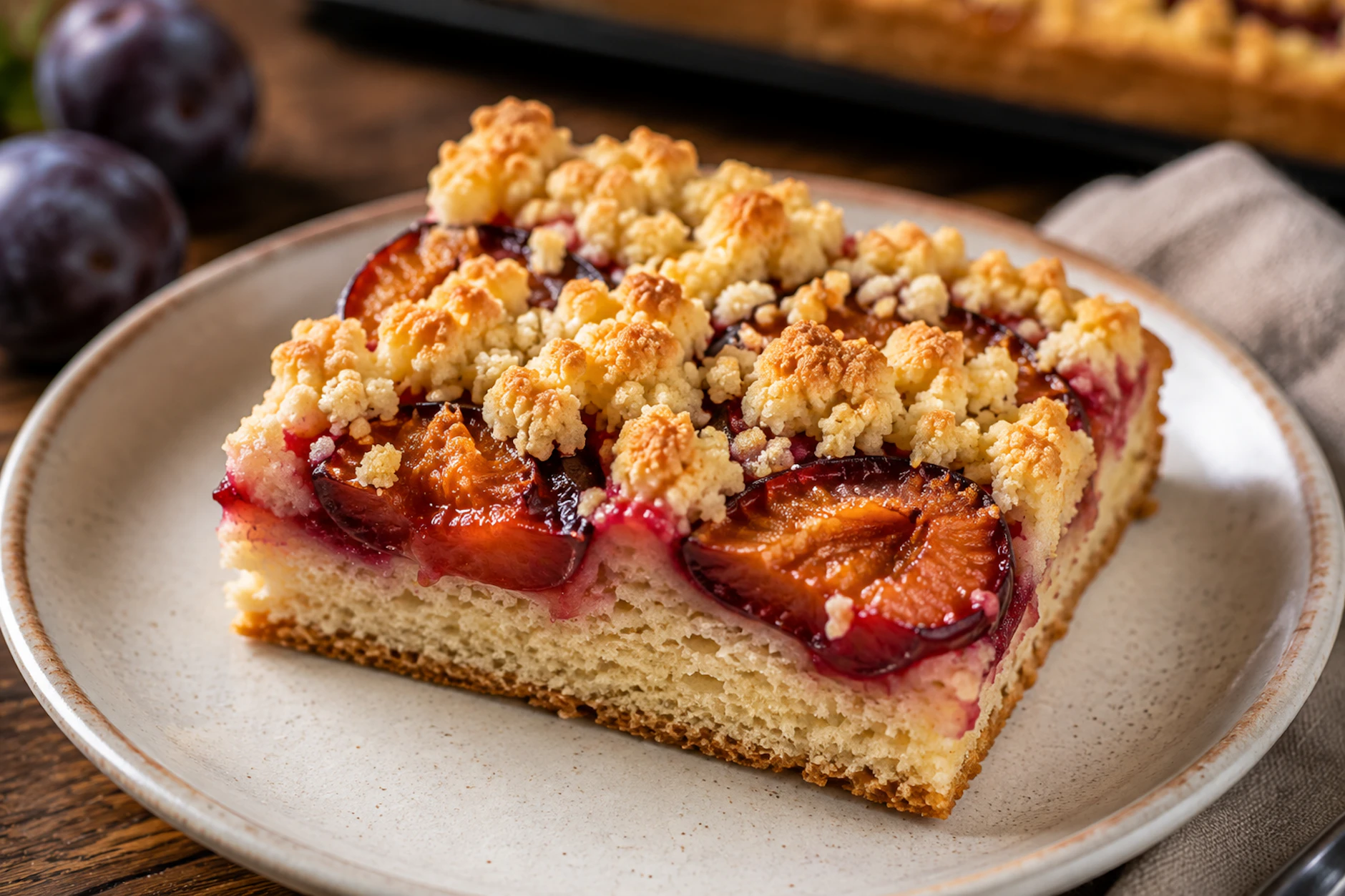 Der fertige Pflaumenkuchen ist eine Wohltat für viele Naschkatzen und mit einer Tasse Kaffee am Wochenende ein echter Genuss.