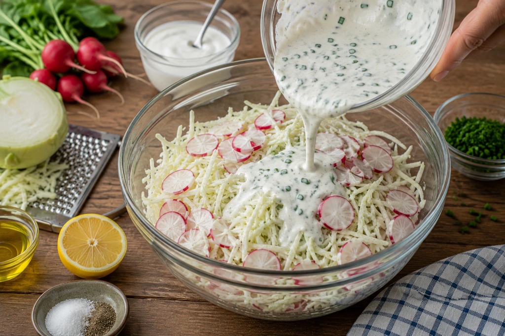 Das Dressing wird über den Kohlrabi-Radieschen-Salat gegossen, dann wird alles vermengt - und ab damit in den Kühlschrank! So steht der perfekte Sommersalat blitzschnell auf dem Tisch.