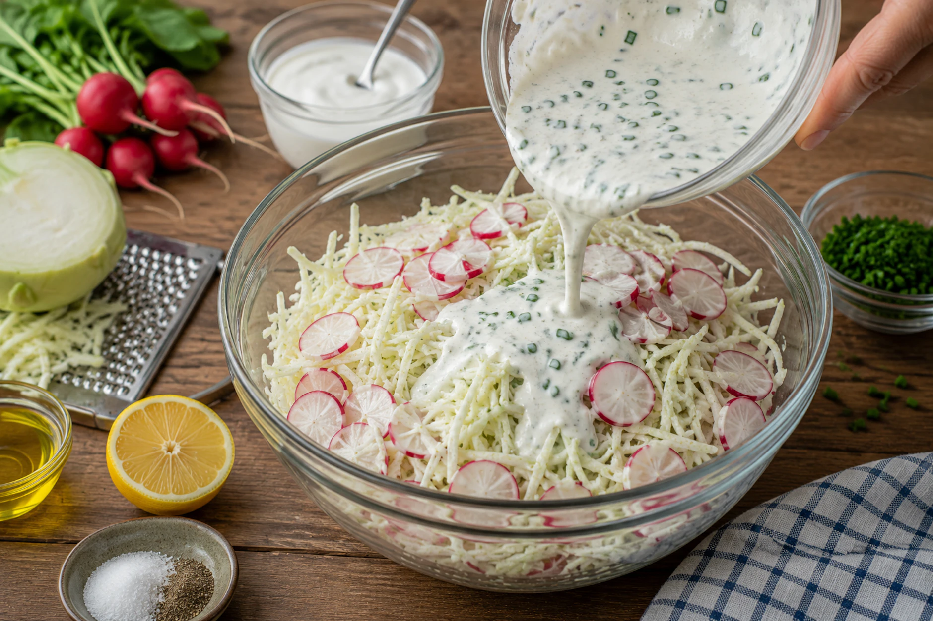 Das Dressing wird über den Kohlrabi-Radieschen-Salat gegossen, dann wird alles vermengt - und ab damit in den Kühlschrank! So steht der perfekte Sommersalat blitzschnell auf dem Tisch.