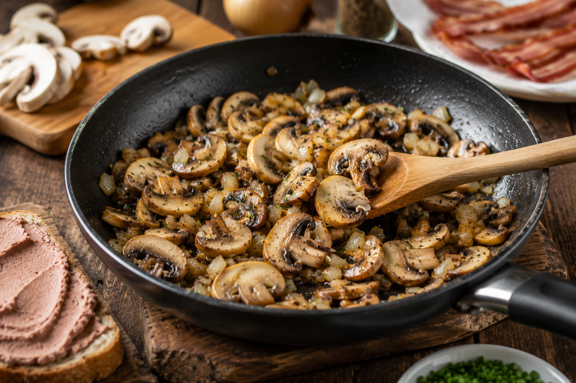 Die Pilze werden in der Pfanne angebraten, bis sie schön braun sind. Dann werden sie zum saftigen Belag für die Jägerstulle.