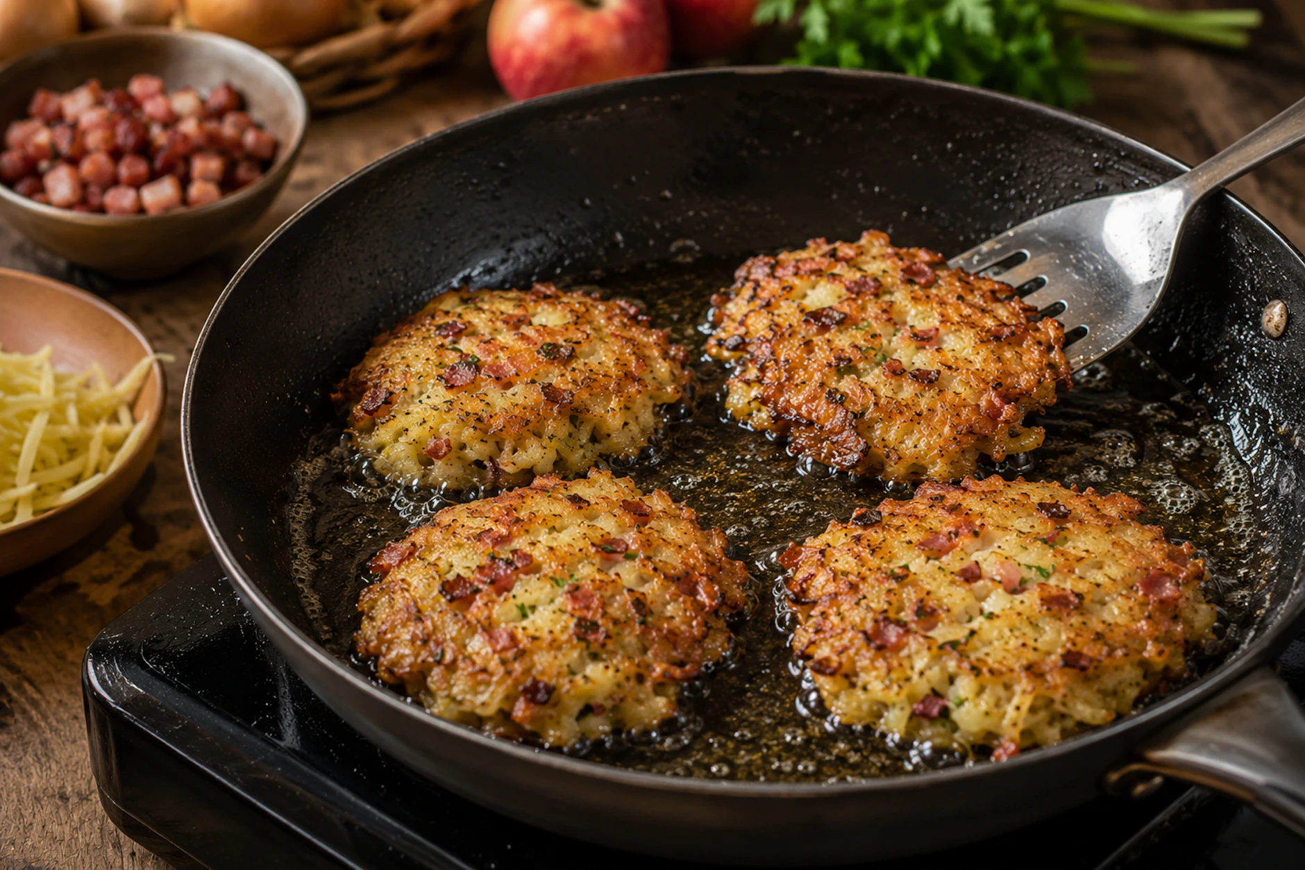 Die Zwiebelmarkt-Puffer werden in einer pfanne richtig knusprig angebraten.