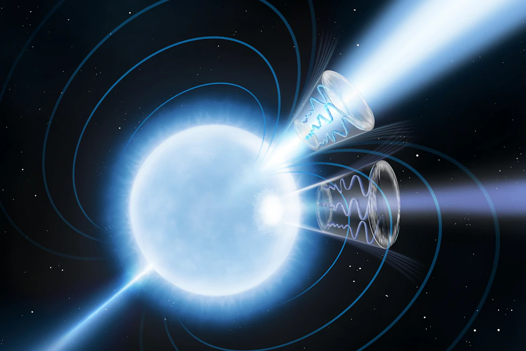 So stellt sich ein Künstler den Magnetar 1E 1547.0-5408 vor: Die blauen Linien zeigen das extrem starke Magnetfeld, die Kegel die Radio- und Röntgenstrahlung.