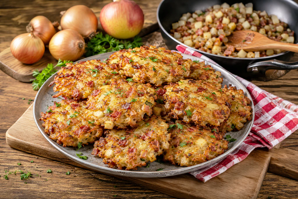 Die Zwiebelmarkt-Puffer sind herrlich deftig und schmecken hervorragend, wenn man Kartoffelpuffer sowieso mag. Genießen Sie die deftige Hausmannskost!
