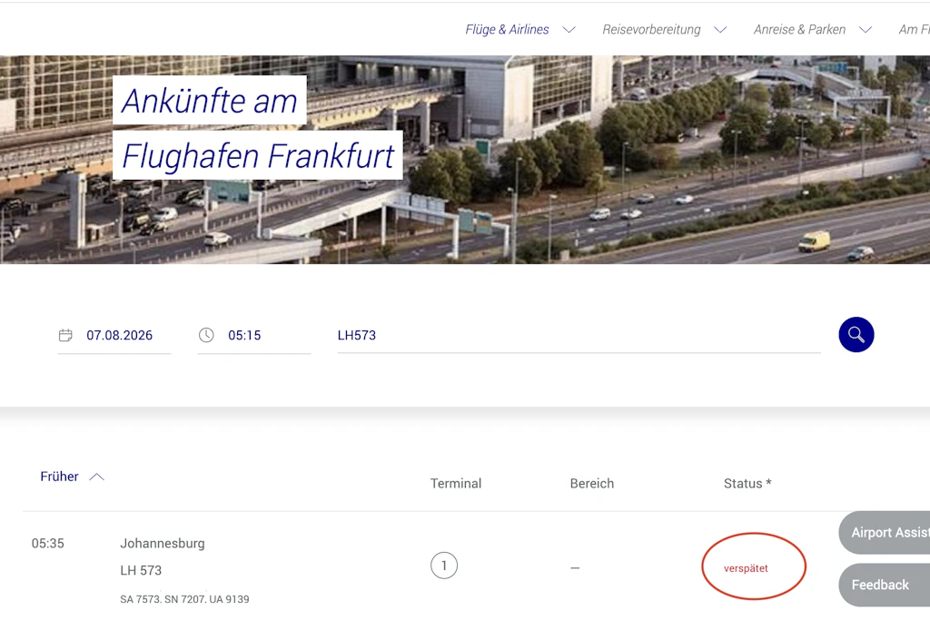 Auf der Seit des Flughafens Frankfurt wird der Flug weiterhin als verspätet ausgegeben. Angerufen hier um 08:30 Uhr.