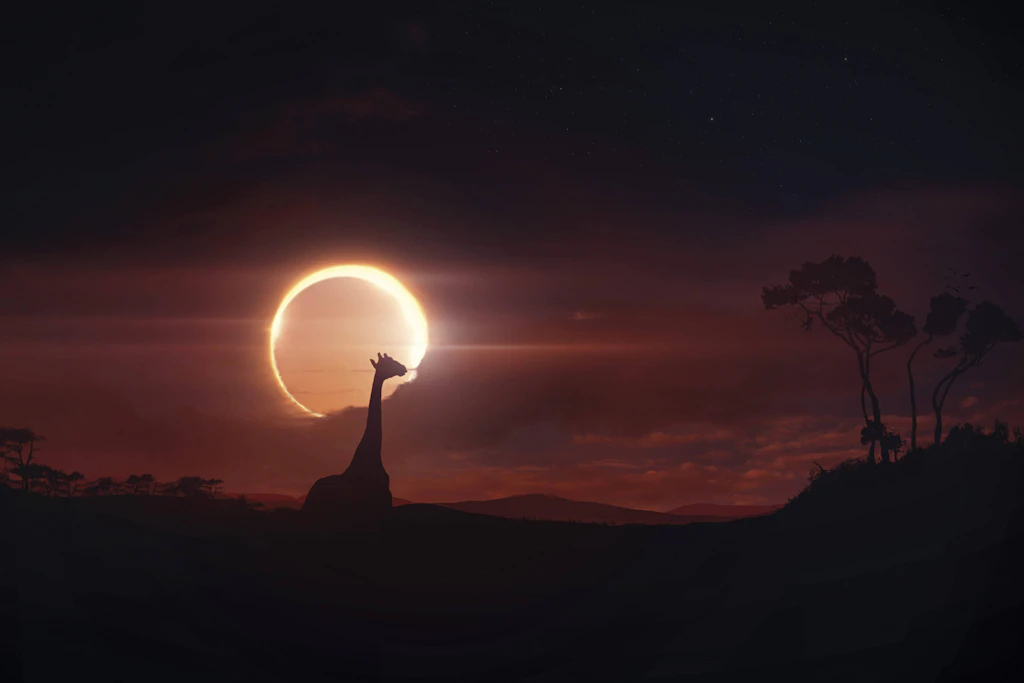 Illustration einer Sonnenfinsternis über der Savanne. Zoo-Studien zeigen, dass Giraffen bei Verdunkelung unruhig werden.