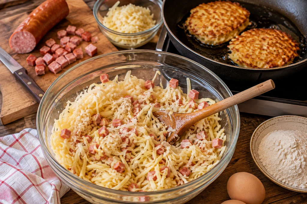 Wurst und Kraut kommen bei den leckeren Kartoffelpuffern direkt in die Masse. So werden diese besonders herzhaft, deftig und lecker.