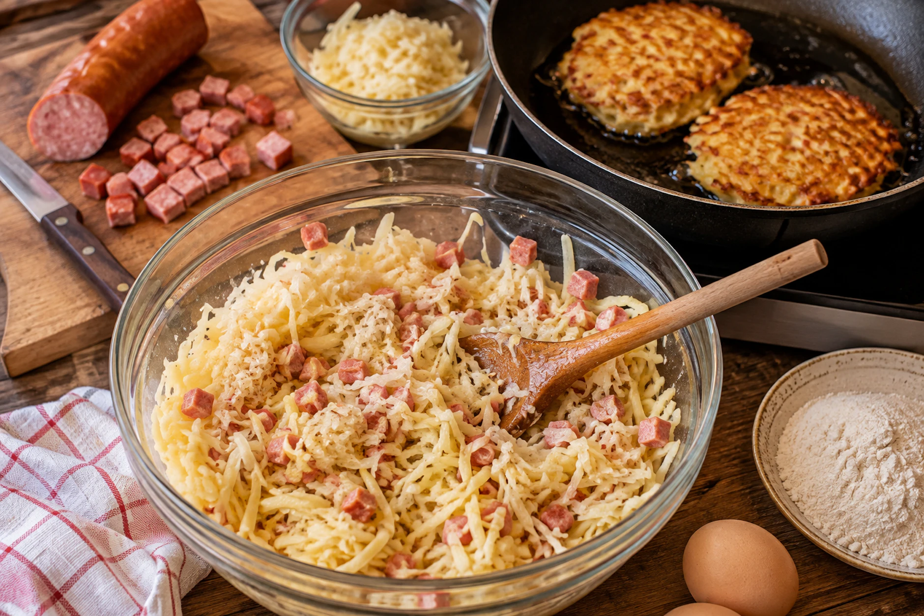 Wurst und Kraut kommen bei den leckeren Kartoffelpuffern direkt in die Masse. So werden diese besonders herzhaft, deftig und lecker.