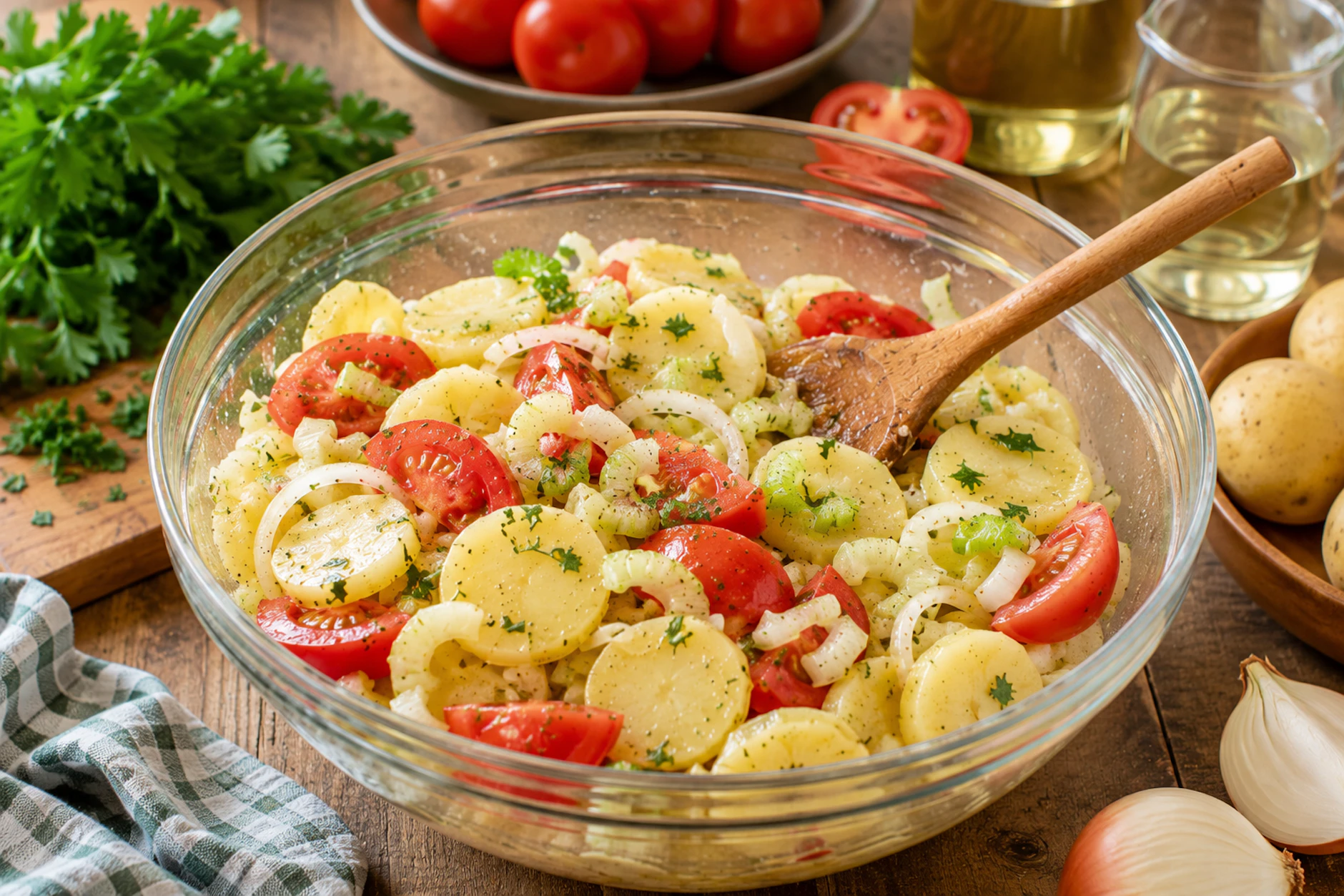 Auch wenn dieser Kartoffelsalat mit Tomaten und Weißwein etwas ganz Besonderes ist, ist er schnell und einfach gemacht. Lassen Sie es sich schmecken!
