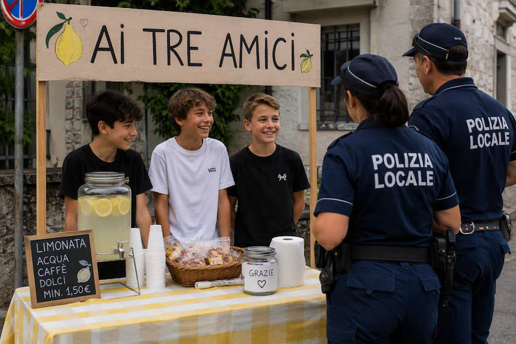 So stellt sich die KI die Situation in Italien vor: Drei Jungs verkaufen Limo und Kekse, um Geld für ein Mofa zu verdienen. Doch dann kommt die Polizei. 