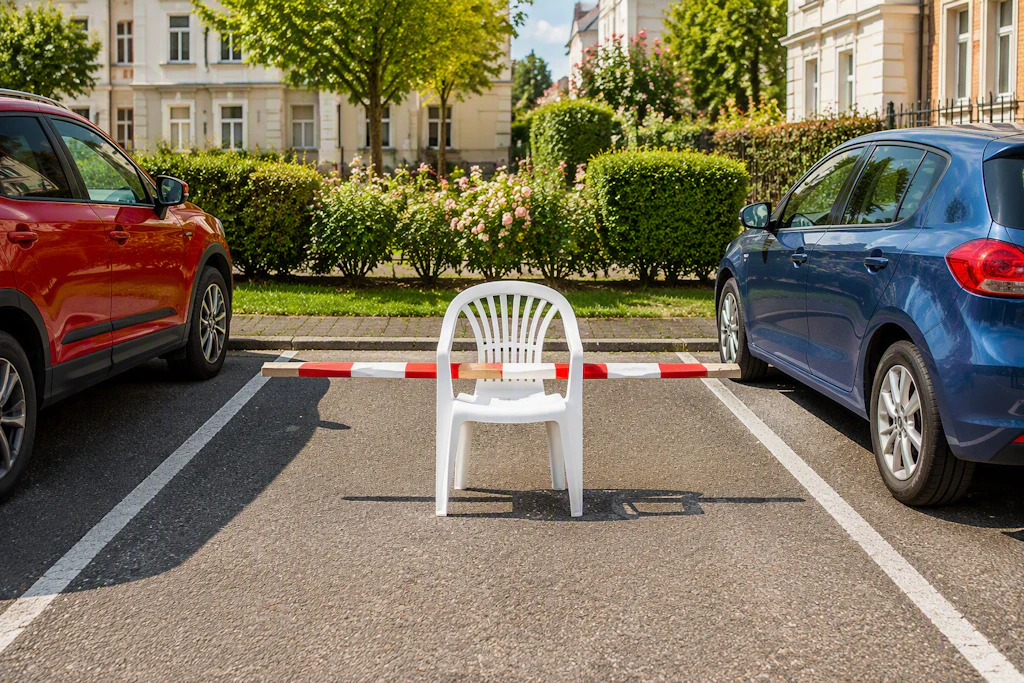 Parkplatz-Sperre Marke Eigenbau. Wer sich so eine Parklücke reserviert, dem droht ein Bußgeld wegen unerlaubter Sondernutzung.