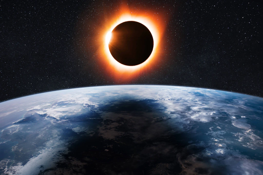 Am 12. August 2026 schiebt sich der Mond vor die Sonne – in Berlin zu rund 85 Prozent. Die Illustration zeigt eine totale Sonnenfinsternis.
