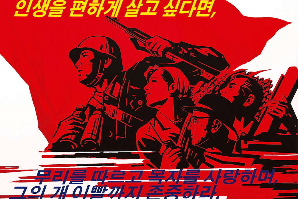 Bernhard Draz: Persiflage im Stil der nordkoreanischen Propaganda-Malerei mit dem Schriftzeichen eines Nietzsche-Zitats („Willst du das Leben leicht haben, so bleibe bei der Herde.  
              Liebe den Hirten und ehre das Gebiss seines Hundes“), Acryl/Leinwand, 2026