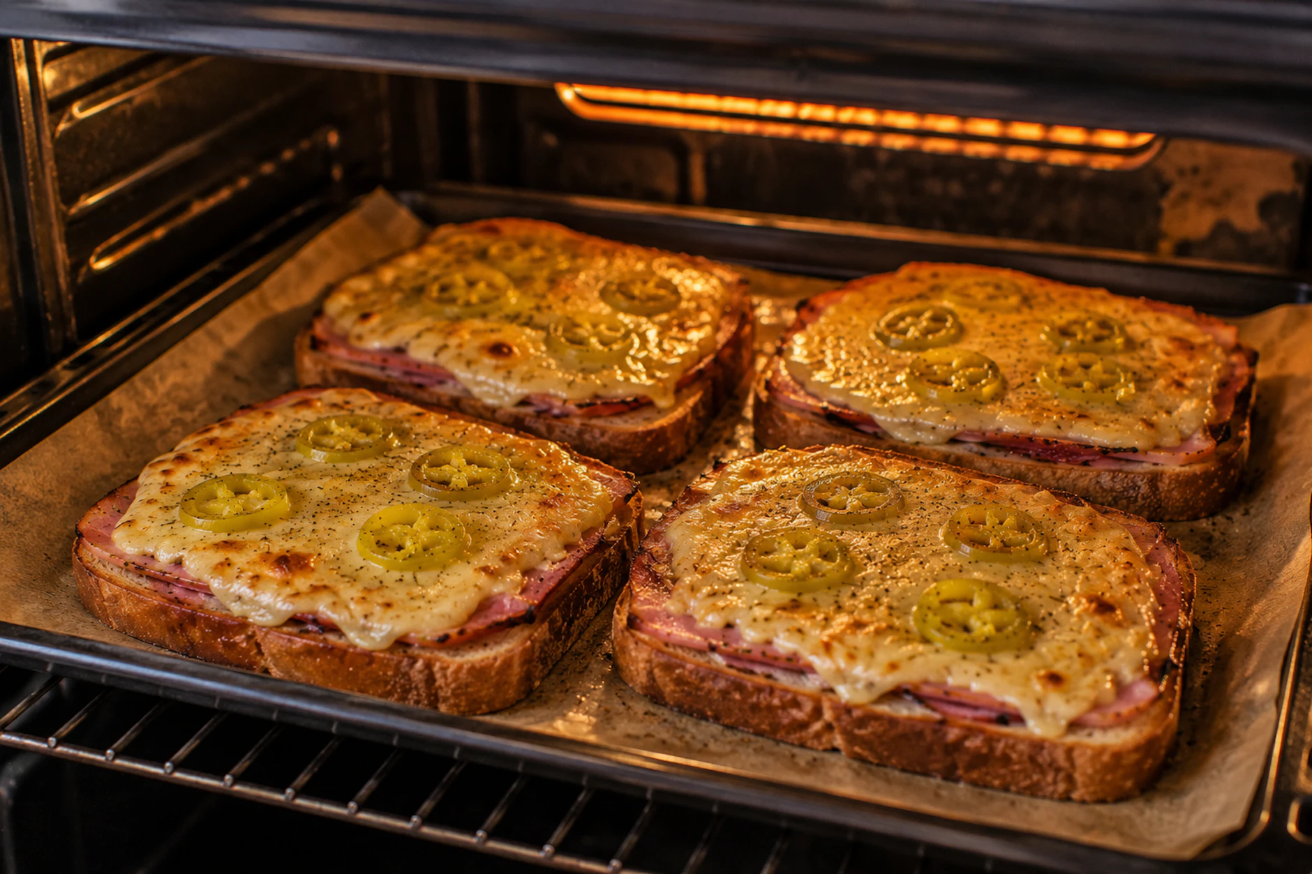 Im Ofen werden die Feuerstullen herrlich überbacken. Der schmelzende Käse und die Pepperoni verbinden sich zu einem echten Geschmackserlebnis.