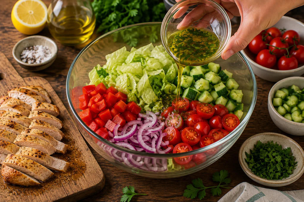 Die Zutaten für den Fitness-Salat kommen einfach nur in eine Schüssel und werden mit dem simplen Dressing vermengt. So entsteht in Nullkommanichts ein richtig leckerer Abnehm-Klassiker.