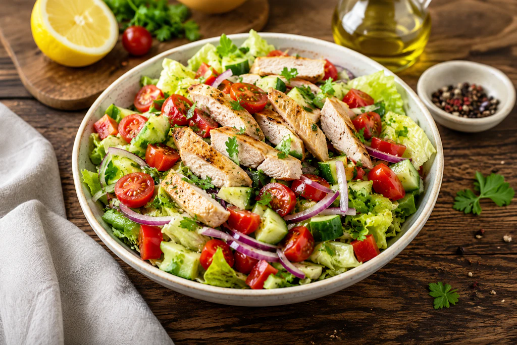 Der Fitness-Salat mit Hähnchen ist ein echter Abnehm-Klassiker. Das Gericht klingt erst einmal langweilig, doch mit den richtigen Zutaten und dem genialen und einfachen Dressing ist der Salat ein Hammer!