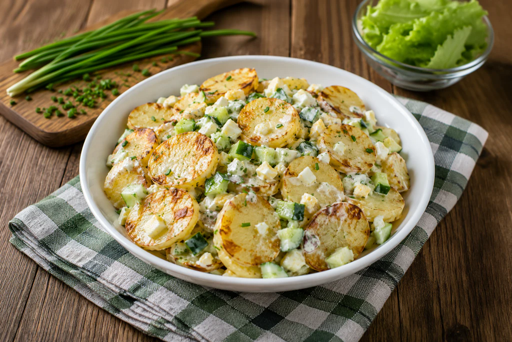 Pikanter Kartoffelsalat mit Ei: Für dieses leckere Rezept werden die Kartoffeln wie Bratkartoffeln angeröstet. Das gibt dem Salat ein ganz besonderes Aroma und macht ihn knusprig. 