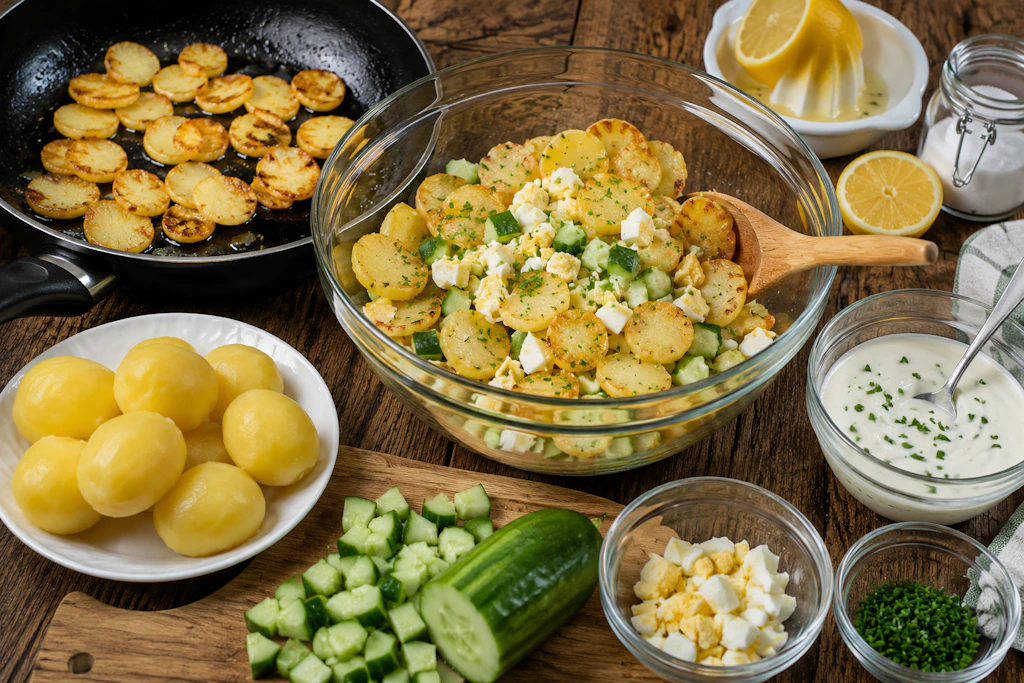 Der pikante Kartoffelsalat setzt auf einfache Zutaten, ist schnell gemacht und schmeckt trotzdem anders als die meisten anderen Kartoffelsalate.