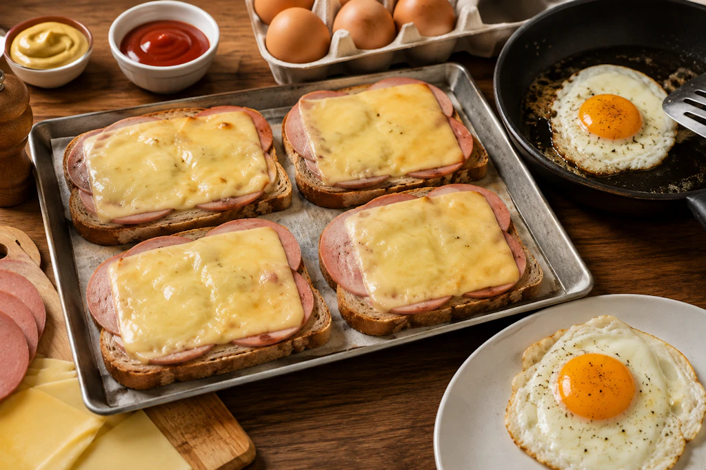 Die Stullen werden erst mit Wurst und Käse belegt und überbacken, dnan mit einem Spiegelei gekrönt. Fertig ist die Konsum-Stulle! So lecker und so einfach geht Abendbrot im Osten.
