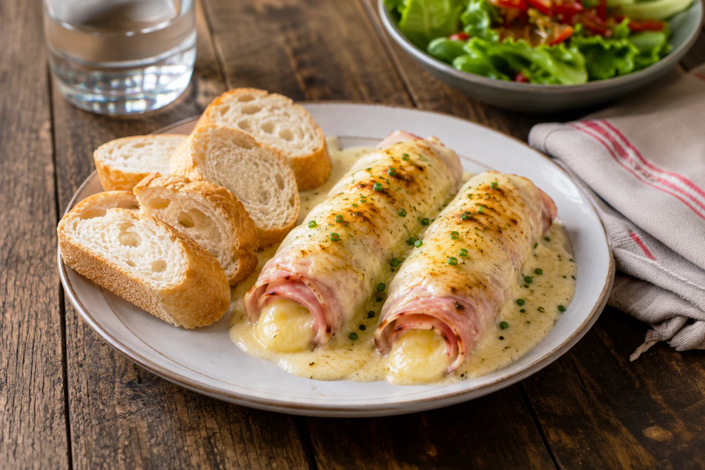 Bei diesen leckeren Schinken-Käse-Röllchen wird die cremige Soße zur Tunke für das Brot. Mit diesem Rezept bereiten Sie superschnell ein richtig einfaches Abendessen zu.