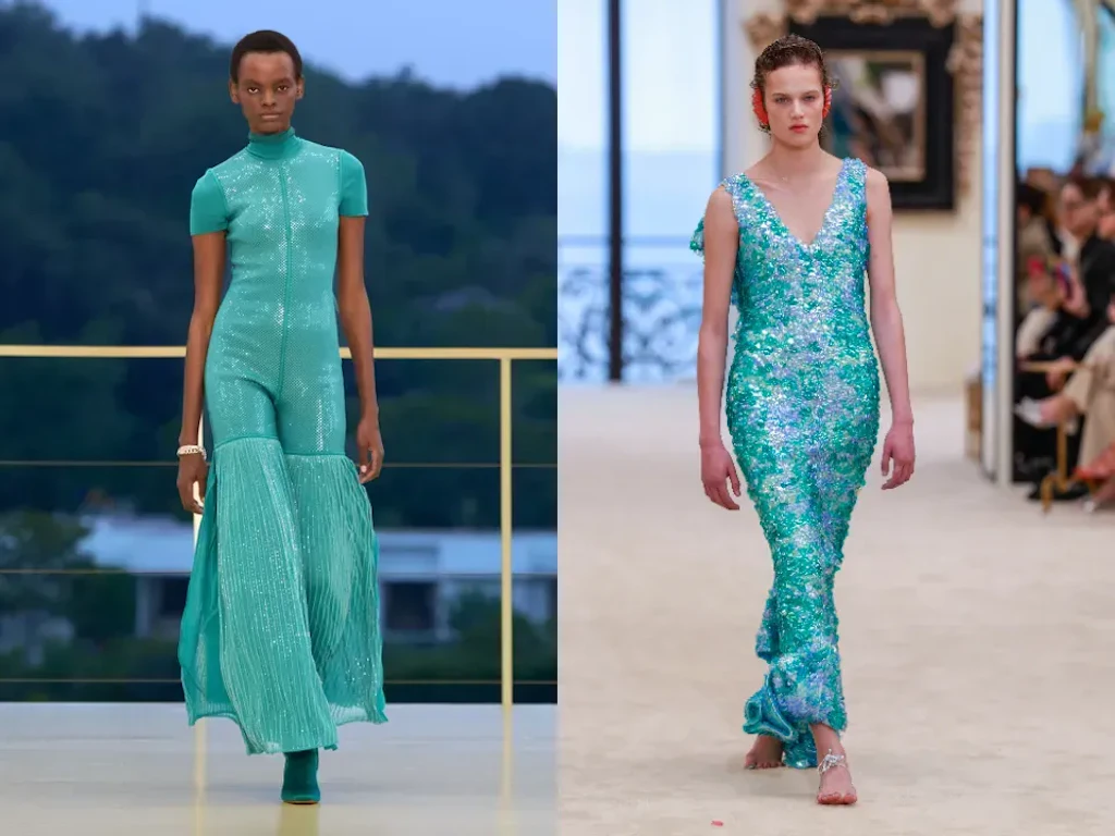 Schimmernder Ozean-Chic: Paillettenbesetzte Entwürfe von Hermès Resort und Chanel Cruise setzen auf Aqua-Nuancen für einen majestätischen Nixen-Look.
