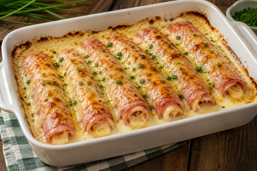 Schinken-Käse-Röllchen sind schnell im Ofen und schmecken unglaublich. Die Soße wird am Ende zur leckeren Tunke für das Brot.
