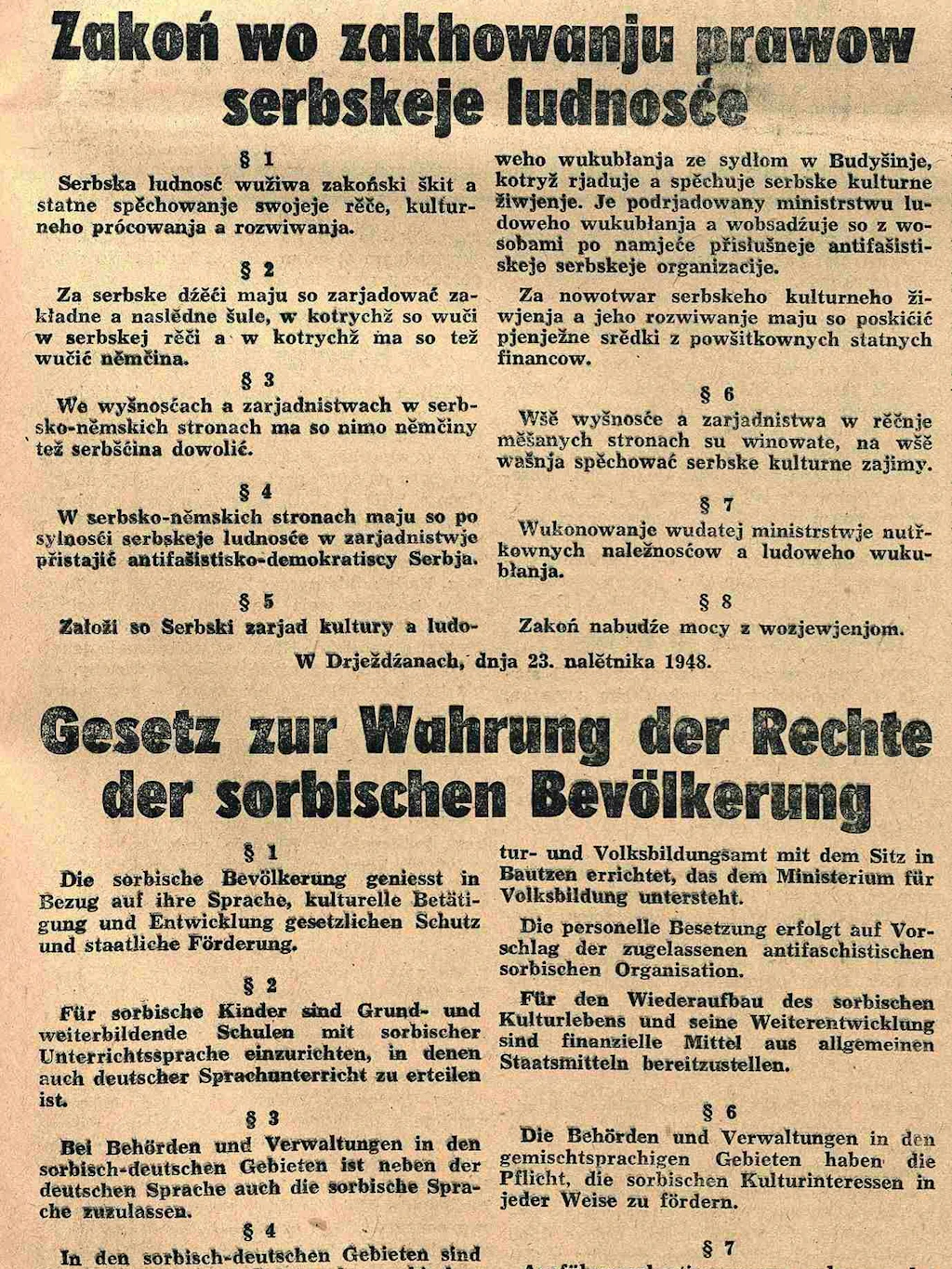 Sächsisches Sorbengesetz vom 23. März 1948; Repro aus: Nowa doba 2 (24. März 1948) 23, S. 1