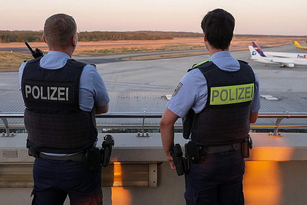 Einsatzkräfte der Polizei blicken auf das Gelände des Flughafens Köln/Bonn.