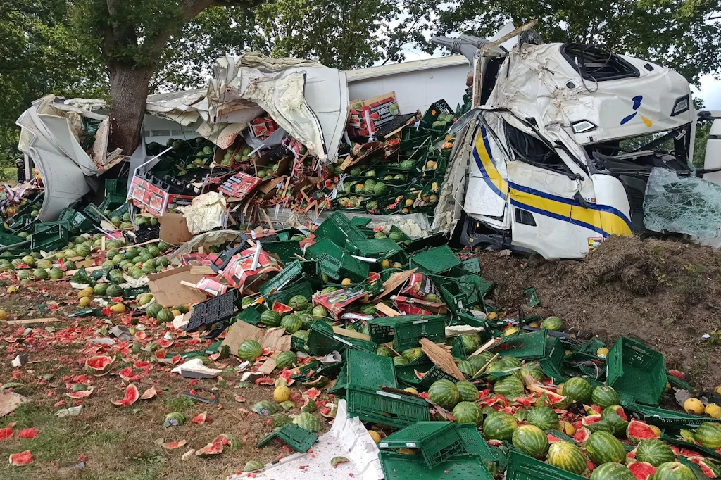 Der Lkw zerstört, 22 Tonnen Melonen liegen auf der Fahrbahn und auf einem angrenzenden Acker. Der Fahrer war gegen einen Baum gekracht.