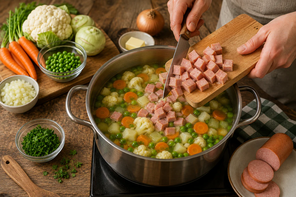 Die gewürfelte Fleischwurst kommt erst am Ende in den Eintopf und zieht dann warm. Wer möchte, kann die Würfel auch vorher noch etwas anbraten, nötig ist das aber nicht.
