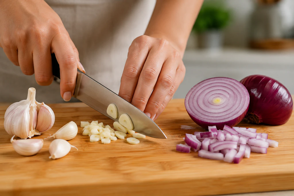 Jeder kennt es: Nach dem Zwiebeln- und Knoblauch schneiden, stinken die Finger.