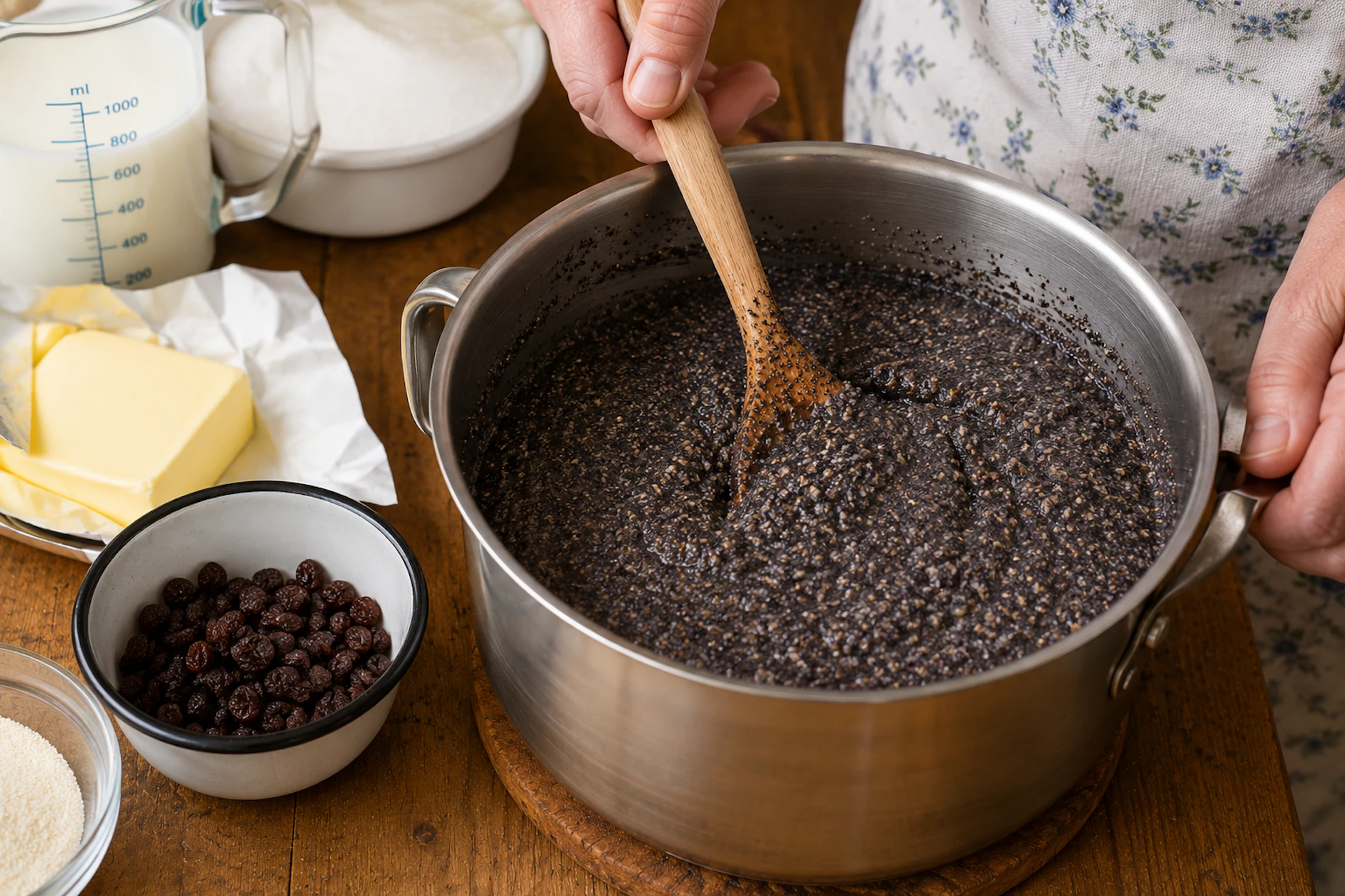 Die Mohnfüllung für den Kuchen hat Oma schon früher aus Mohn, Grieß und anderen Zutaten gekocht und mit Rosinen verfeinert.
