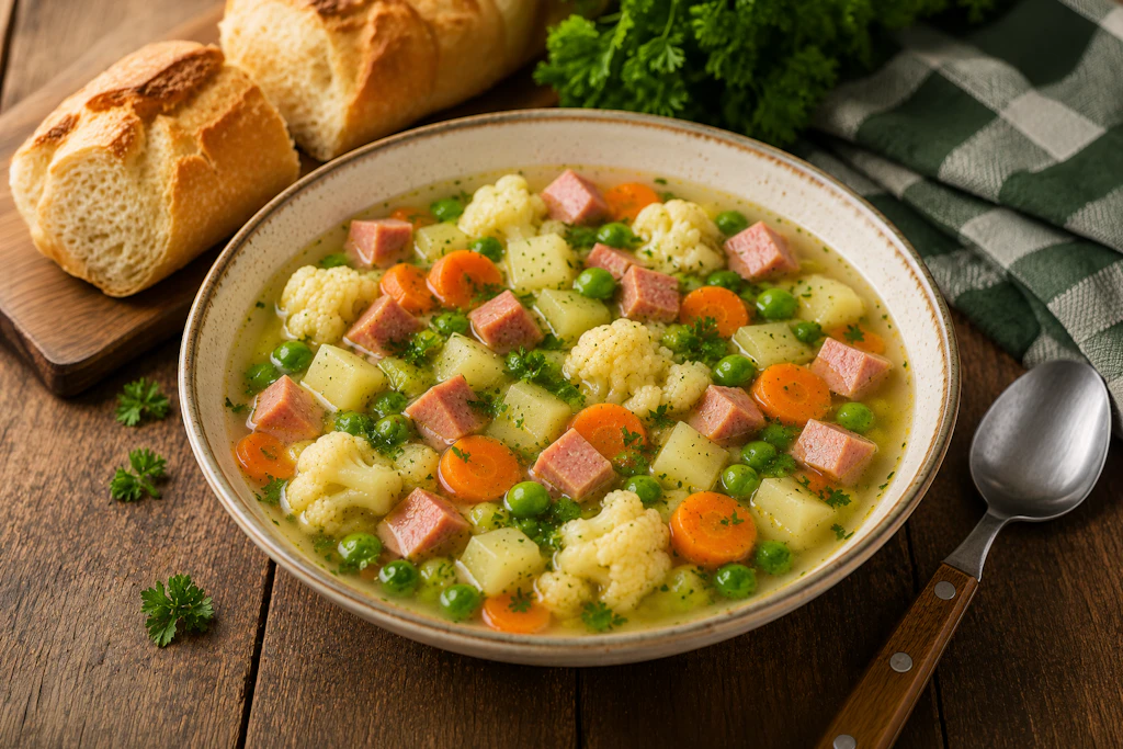 Sieht nicht besonders aus, schmeckt aber wunderbar: Dieser Frühlingseintopf mit reichlich Gemüse und Fleischwurst ist ein leckeres und simples Essen für die ganze Familie!