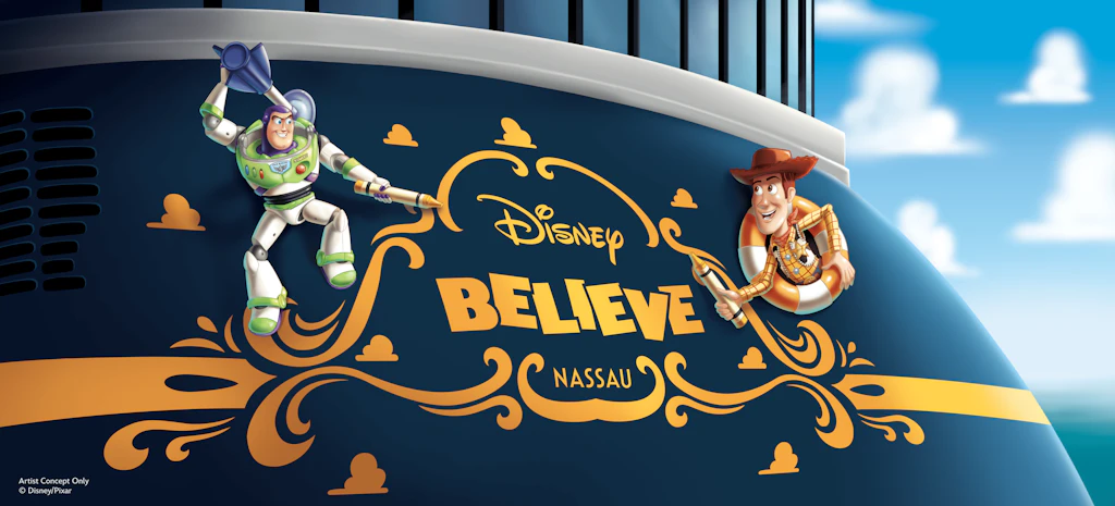 Neues Kreuzfahrtschiff Disney Believe: Tinker Bell am Bug, Toy-Story-Duo am Heck