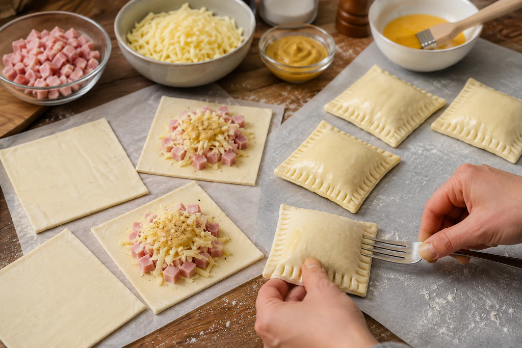 Die Schinken-Käse-Taschen können auf verschiedene Arten zubereitet werden. Entweder werden sie gefaltet oder aus zwei Blätterteig-Quadratern zusammengesetzt. 