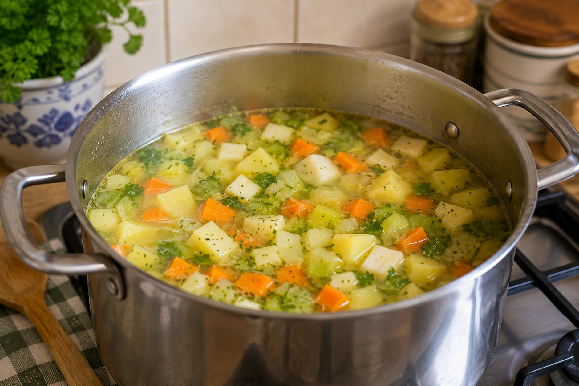 Das Gemüse wird in einem Topf gekocht und anschließend püriert. Sie brauchen deshalb keinen bestimmten Garpunkt treffen und müssen sich beim Schneiden der Zutaten für die Säcishscne Kartoffelsuppe nicht zu viel Mühe geben.