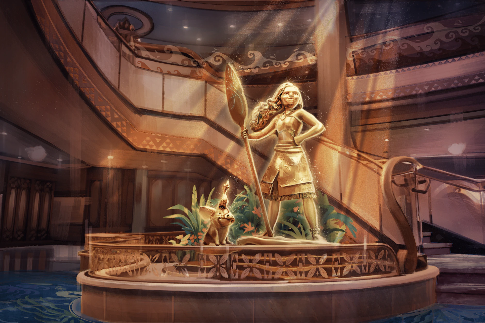 Im Atrium, der Grand Hall, steht eine Bronzefigur von Vaiana mit dem Schwein Pua und dem Hahn Heihei.