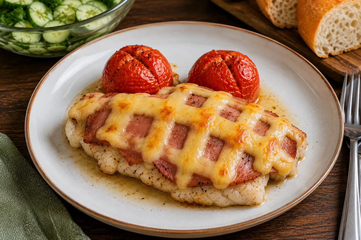 Servieren Sie den überbackenen Fisch mit den Tomaten als Beilage. Wer mag, kann dazu auch noch etwas Reis kochen, einen frischen Gurkensalat zubereiten oder etwas Baguette aufschneiden.